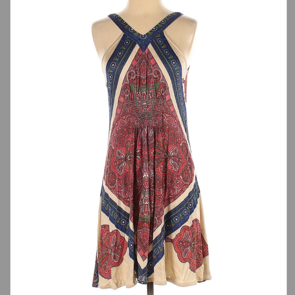 Anthropologie Leif Notes Diamondflower Mini Dress Bohemian Scarf Print XS S NWOT